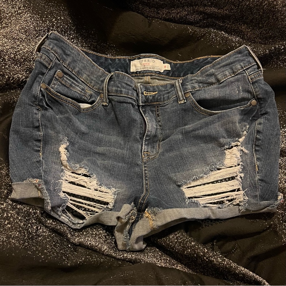 Torrid Mesh Ripped Stretch Destroyed Denim Shorts 16